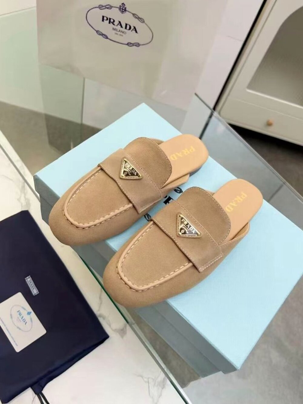 Prada Beige Suede Triangle Logo Mule Loafers